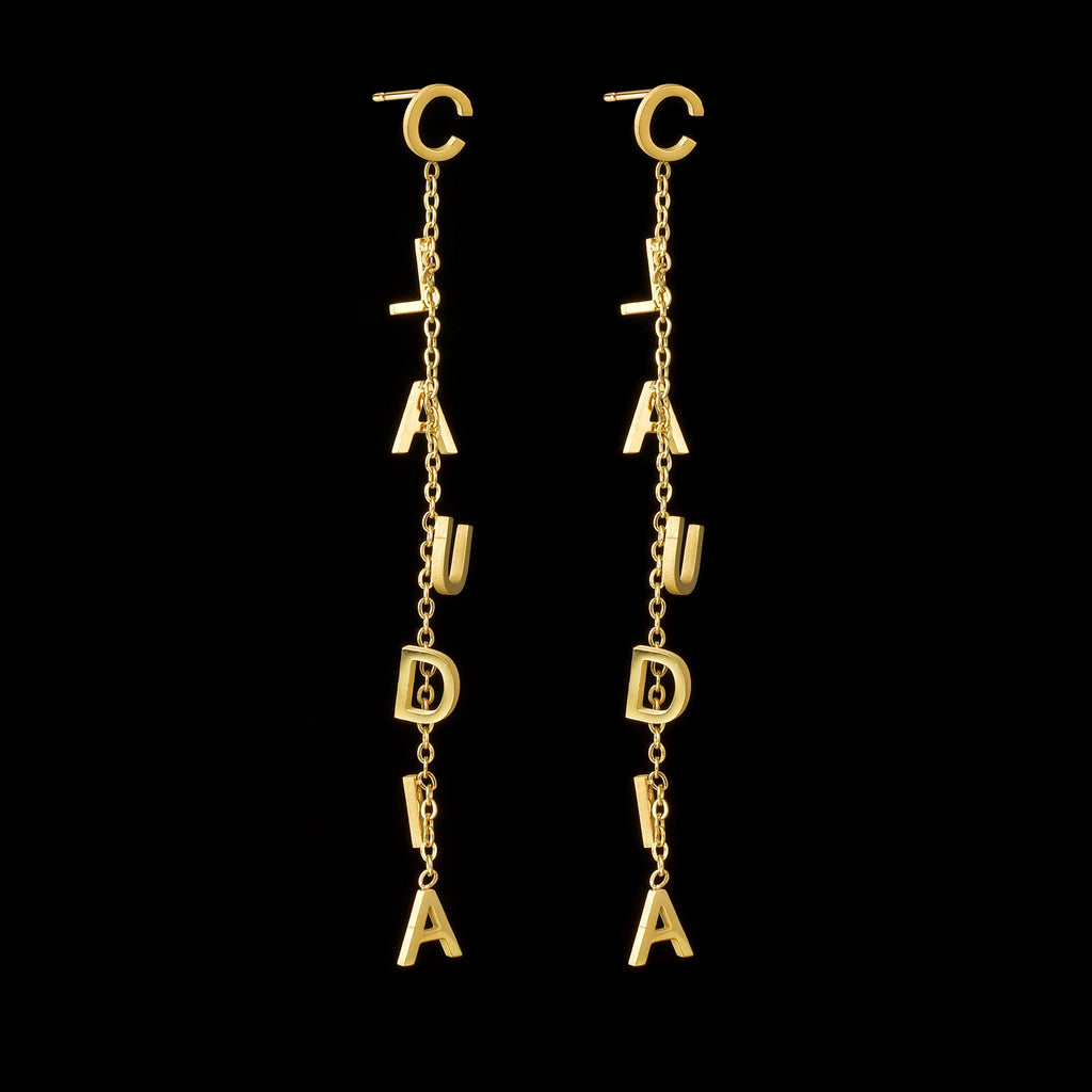 Custom Name Drop Earrings – Personalized Gold Plated Stainless Steel Initial Chain Earrings