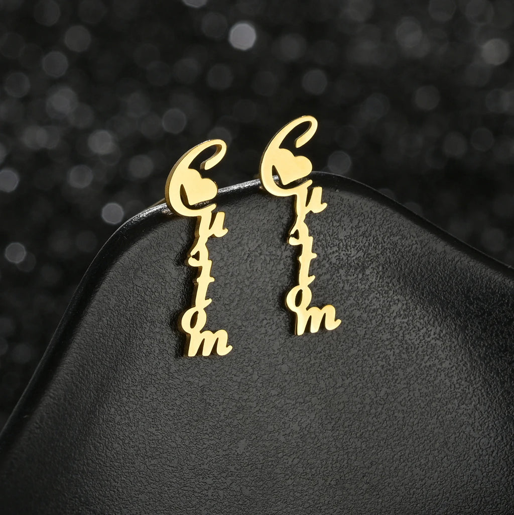 Custom Name Drop Earrings – Personalized Gold Plated Stainless Steel Initial Chain Earrings