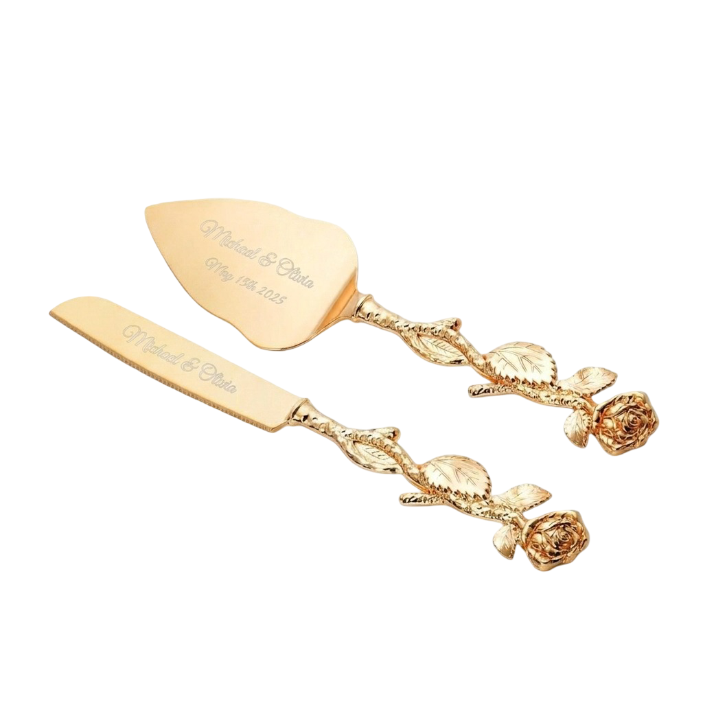 2-Piece Set Elegant Gold Rose Wedding Cake Knife and Server Set – front view
