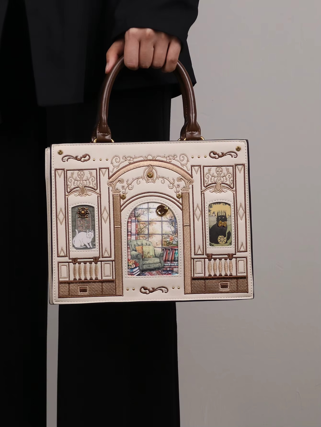 Vintage Baroque Library Top-Handle Satchel – Elegant Embossed Literary Cat Handbag