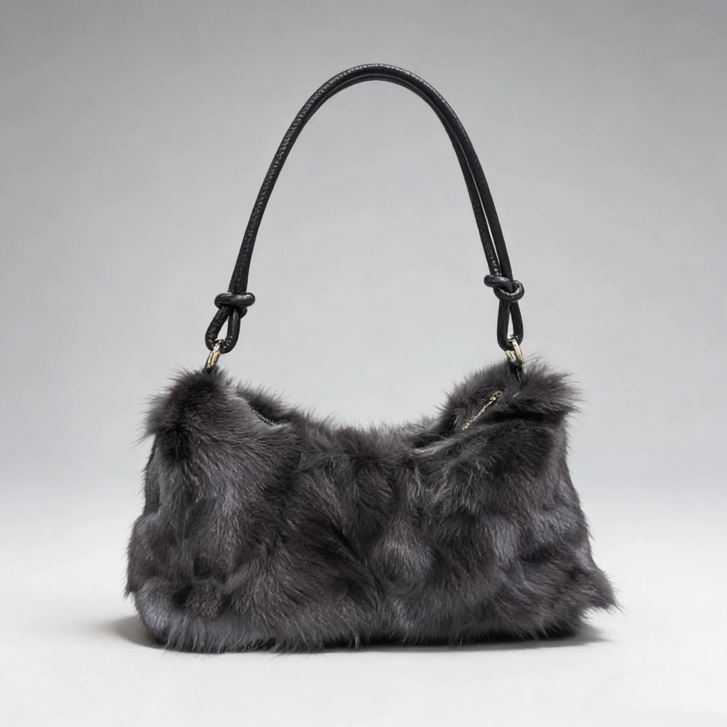 Luxury Faux Fur Color-Block Shoulder Bag – Plush Underarm Handbag with Sleek Leather Strap