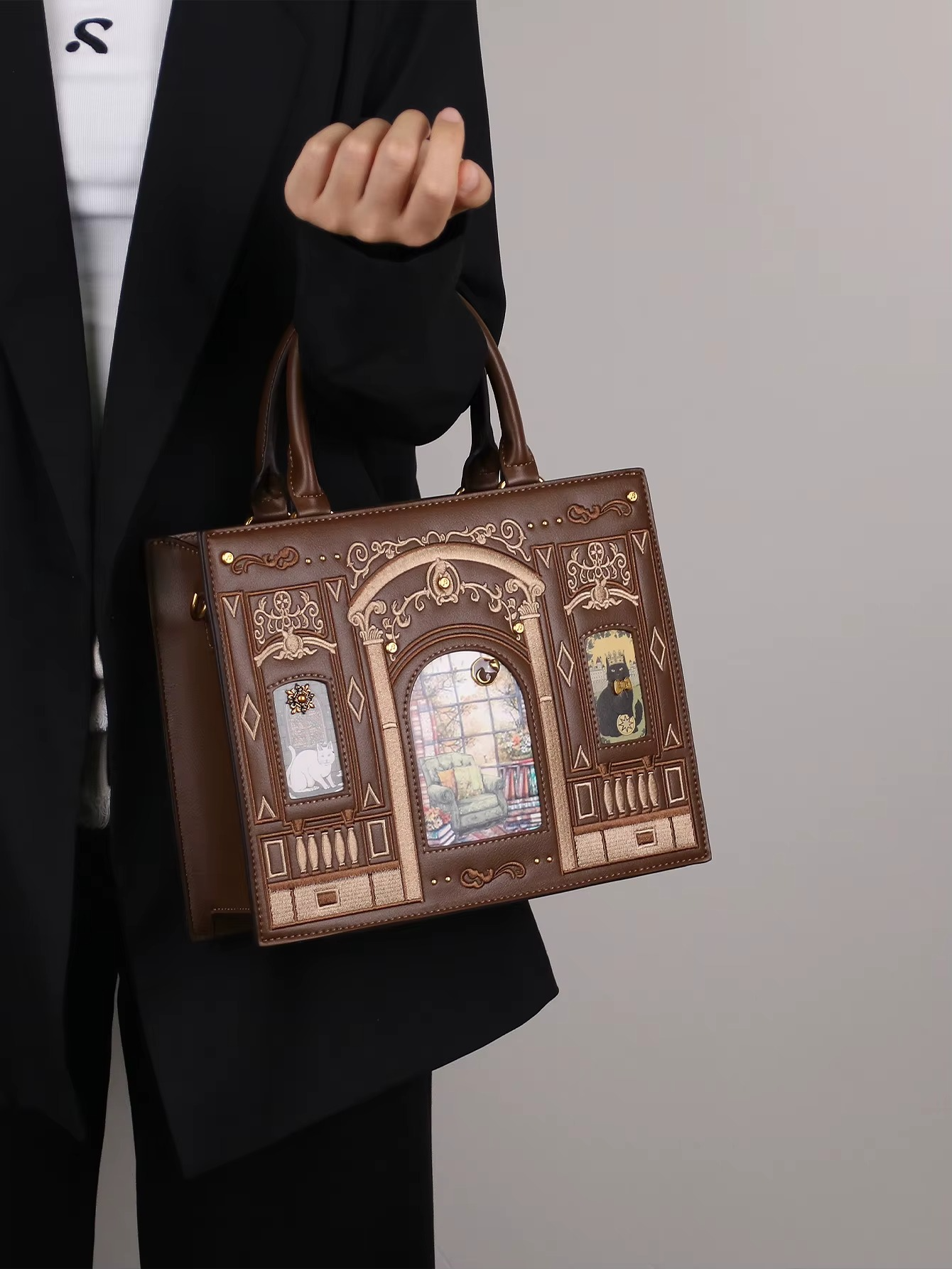 Vintage Baroque Library Top-Handle Satchel – Elegant Embossed Literary Cat Handbag