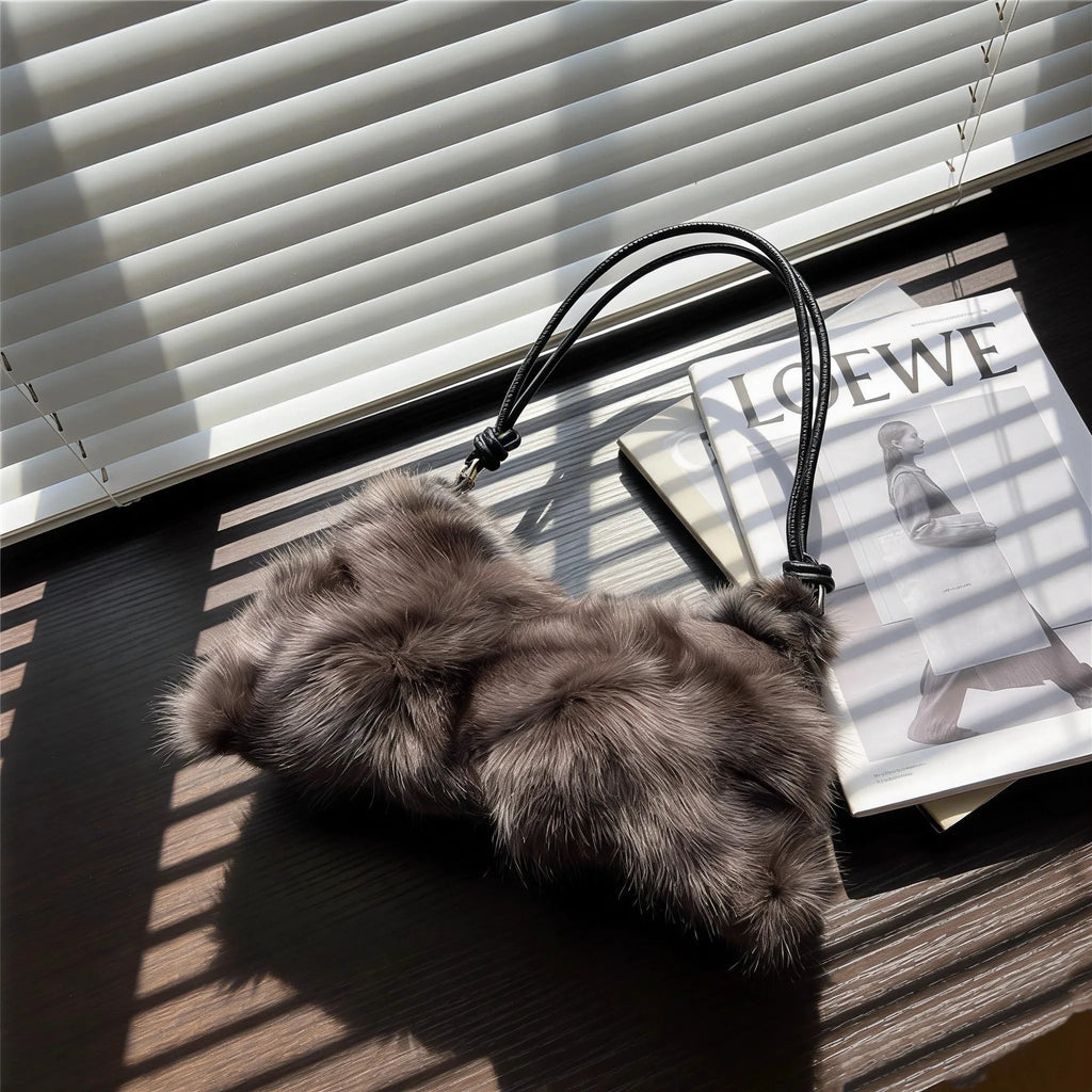 Luxury Faux Fur Color-Block Shoulder Bag – Plush Underarm Handbag with Sleek Leather Strap