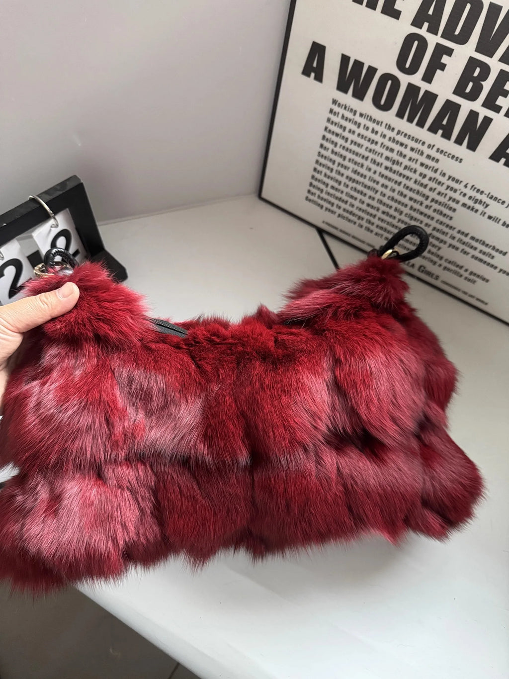 Luxury Faux Fur Color-Block Shoulder Bag – Plush Underarm Handbag with Sleek Leather Strap