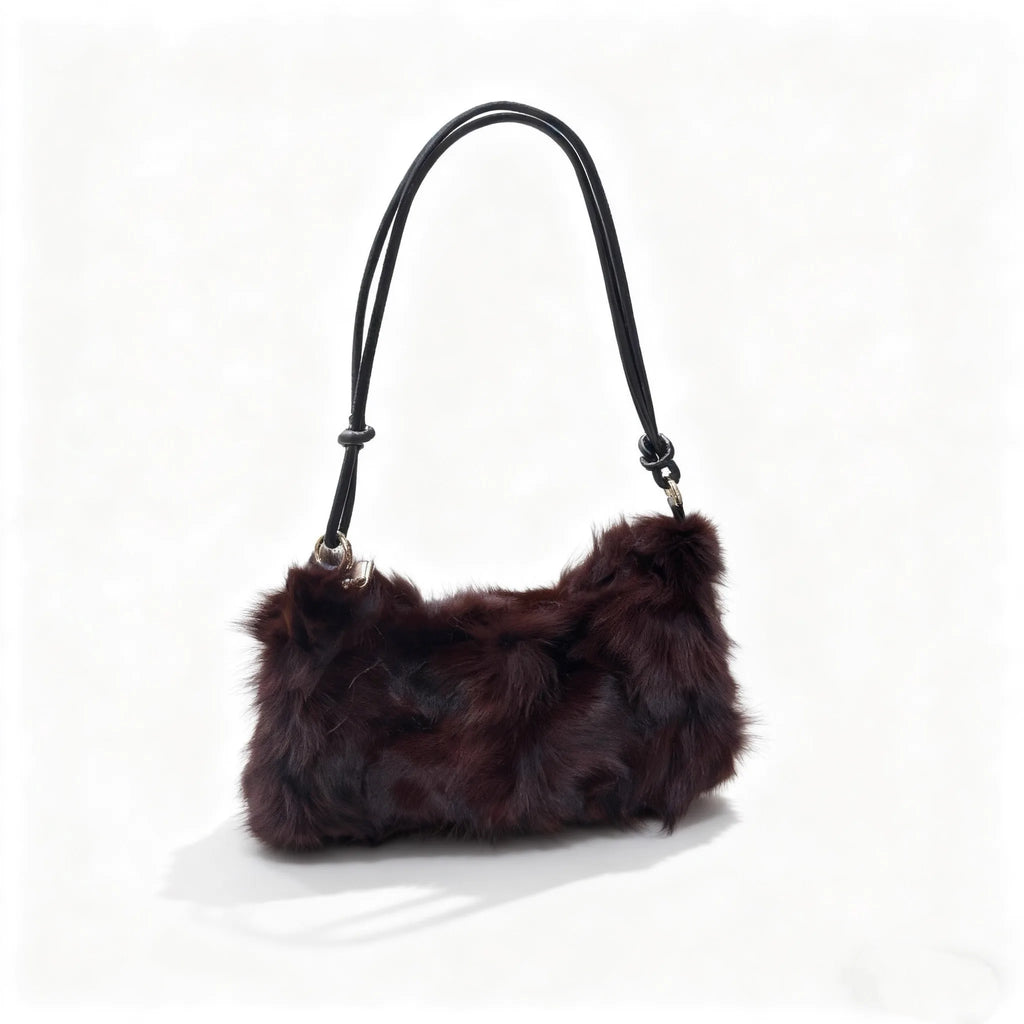 Luxury Faux Fur Color-Block Shoulder Bag – Plush Underarm Handbag with Sleek Leather Strap
