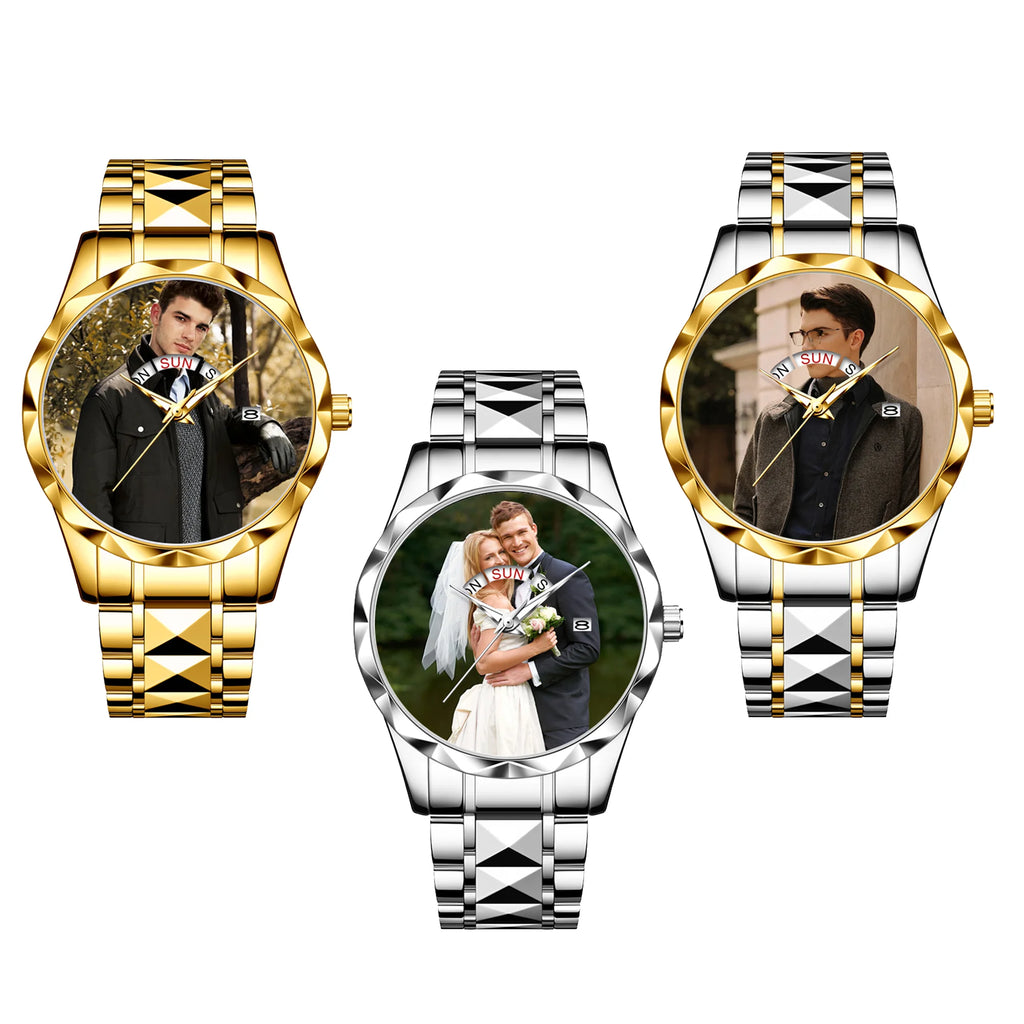 Customized Personalized Photo Calendar Watch for Men – Luxury Waterproof Stainless Steel Quartz Wristwatch with Day-Date Display