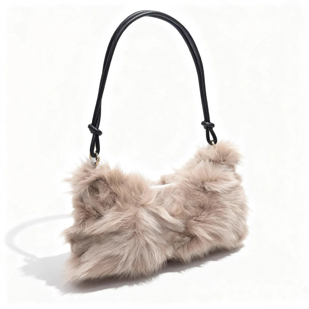 Luxury Faux Fur Color-Block Shoulder Bag – Plush Underarm Handbag with Sleek Leather Strap