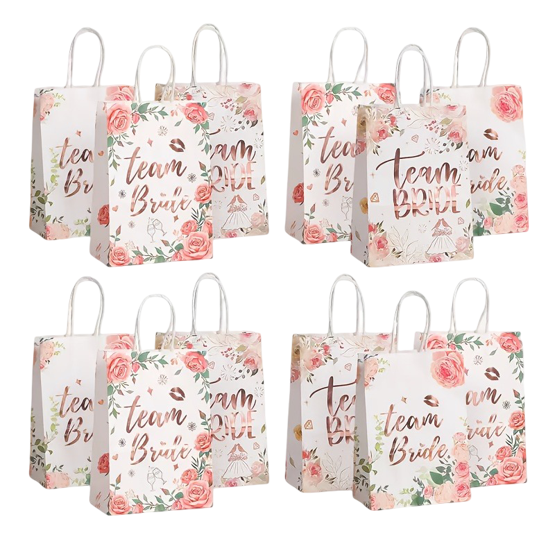 12-Pack Team Bride Hen Party Gift Bags – Elegant Floral Bridal Rose Gold Foil Party Favor Bags – front view